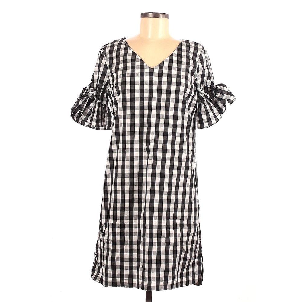 JCREW Black & White Gingham Plaid Check Shift Dress w Puff Bow Sleeve Sz L